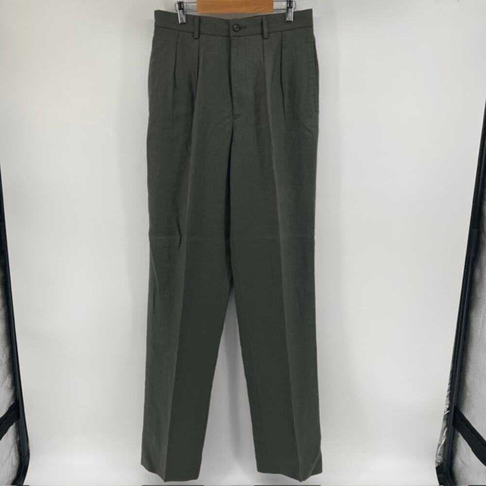 VTG J Crew Irish Linen Pleated Front Pants Mens 30x35 Army Green Red Oarsman